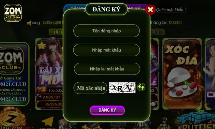 Đăng ký Zomclub Bắt đầu quá trình tạo tài khoản Zomclub