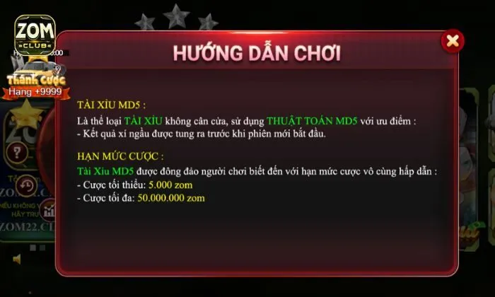 Tài xỉu MD5 Zomclub Luật chơi Tài xỉu MD5 tại Zomclub đơn giản, dễ chơi